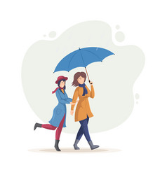 Two Girls Walking With Umbrella At Rainy Day