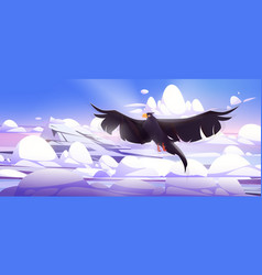 Black Raven Fly Above Mountains Top And Clouds