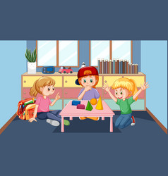 Happy Children Playing Jigsaw On Kid Room