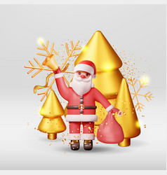 3d Santa Claus With Bell And Gold Christmas Tree