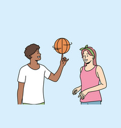 Happy Multiethnic Couple Play Basketball