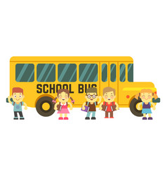 School Bus With Happy Kids Standing Yellow