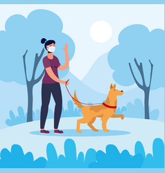 Young Woman Using Face Mask Walking With Dog