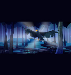 Black Raven Flying In Coniferous Forest At Night