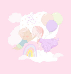 Cute Cartoon Kids Kissing In The Sky