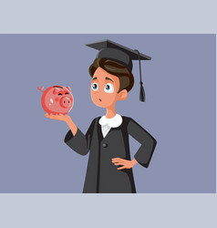 Puzzled Student Holding A Piggy Bank Cartoon