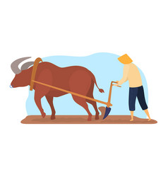 Farming Rural Work With Cattle Peasant Man At