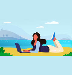 Happy Woman Lying On Beach With Laptop