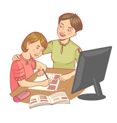 Schoolgirl Doing Homework With Her Mother