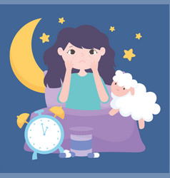 Insomnia Sleepless Girl On Bed With Sheep Clock