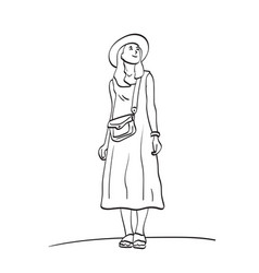 Line Art Full Length Of Woman With Hat Standing