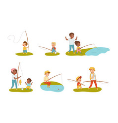 Parents And Kids Fishing With Rods Set