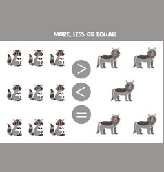 More Less Or Equal With Cartoon Racoons And Wolves