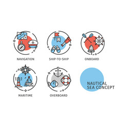 Nautical Sea Concept Thin Line Icons Labels Set