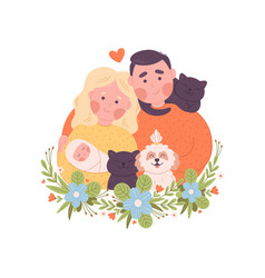 Portrait Of Happy Family With Child Cats And Dog