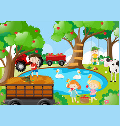 Farm Scene With Kids Working