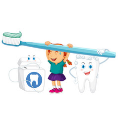 A Little Girl And Big Tooth Holding Toothpaste