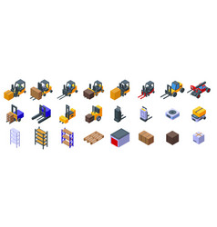 Forklift Holding Box Icons Set Isometric