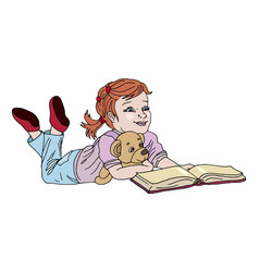 Little Girl Child Reading Book Lying On Floor