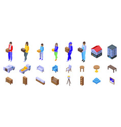 Family Moving House Icons Set Isometric