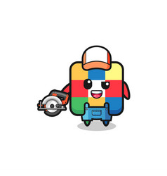 Woodworker Cube Puzzle Mascot Holding A Circular