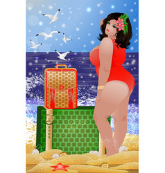 Travel Cute Fat Woman In Bikini With Suitcases