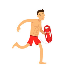 Lifeguard Man Character On Duty Running With Life