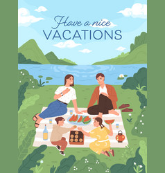 Vertical Card With Happy Family At Picnic Outdoors