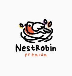 Robin Bird Nest Quirky Playful Outline Cartoon