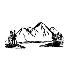 Mountain Ranges And Tree Silhouette Sketch