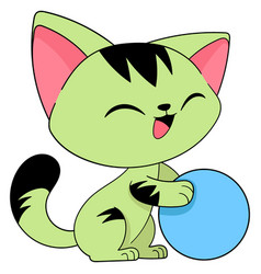 Green Cat Happily Playing With Ball