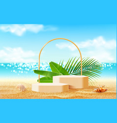 Realistic Tropical Podium Stage With Palm Leaves