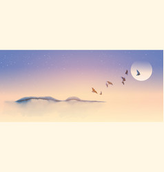 Dreamy Landscape With Flock Of Birds Over