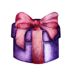 Watercolor Of A Round Purple Box With A Pink Bow