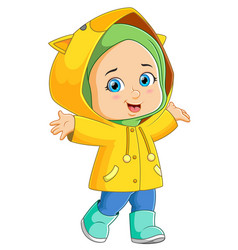 Happy Girl Is Wearing The Cute Yellow Raincoat