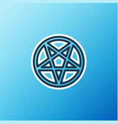 Line Pentagram In A Circle Icon Isolated On Blue