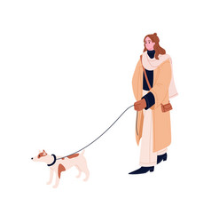 Woman Walking And Leading Dog On Leash Winter