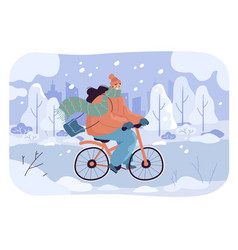 Cartoon Girl Riding Bicycle On Snowy Road In City