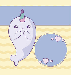 Cute Narwhal Fairytale In Card Kawaii Style