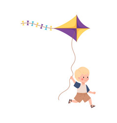 Happy Little Boy Running With Colorful Kite Flat