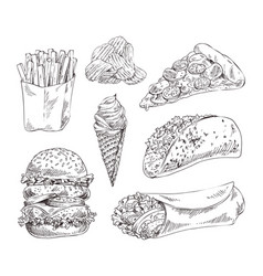 Fast food set hand drawn monochrome sketch Vector Image