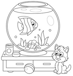 Small girl with an aquarium fish and a kitten Vector Image