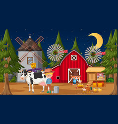 Farm Scene At Night Time With Many Kids Cartoon