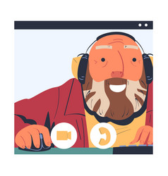 Elderly Man Blogger With Beard And Headphones