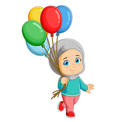 Happy Girl Is Walking With Many Colorful Balloons