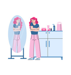 Sad Unhappy Woman In Front Mirror Cartoon