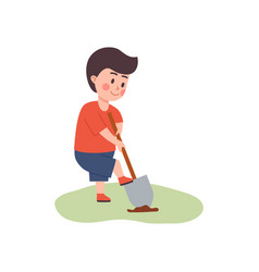 Cute Little Boy Digging Hole With Shovel - Flat