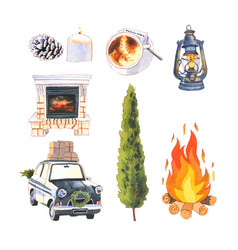 Set Watercolor Fireplace Lantern Car