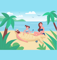 Daughter Burying Dad In Sand Flat Color Mother