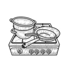 Old Stove With Pots And Pans Sketch